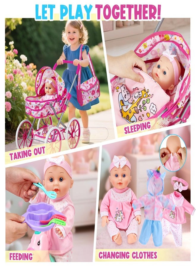 Golray 12 in Baby Doll Toys Set with Stroller for 3 4 5 6 Year Old Girl - 26pcs Babydoll with Accessories Rocking Horse/2 Clothes, Feeding Nursing Pretend Play Toddler Girl Toy Gift 3-5-7 - Image 3